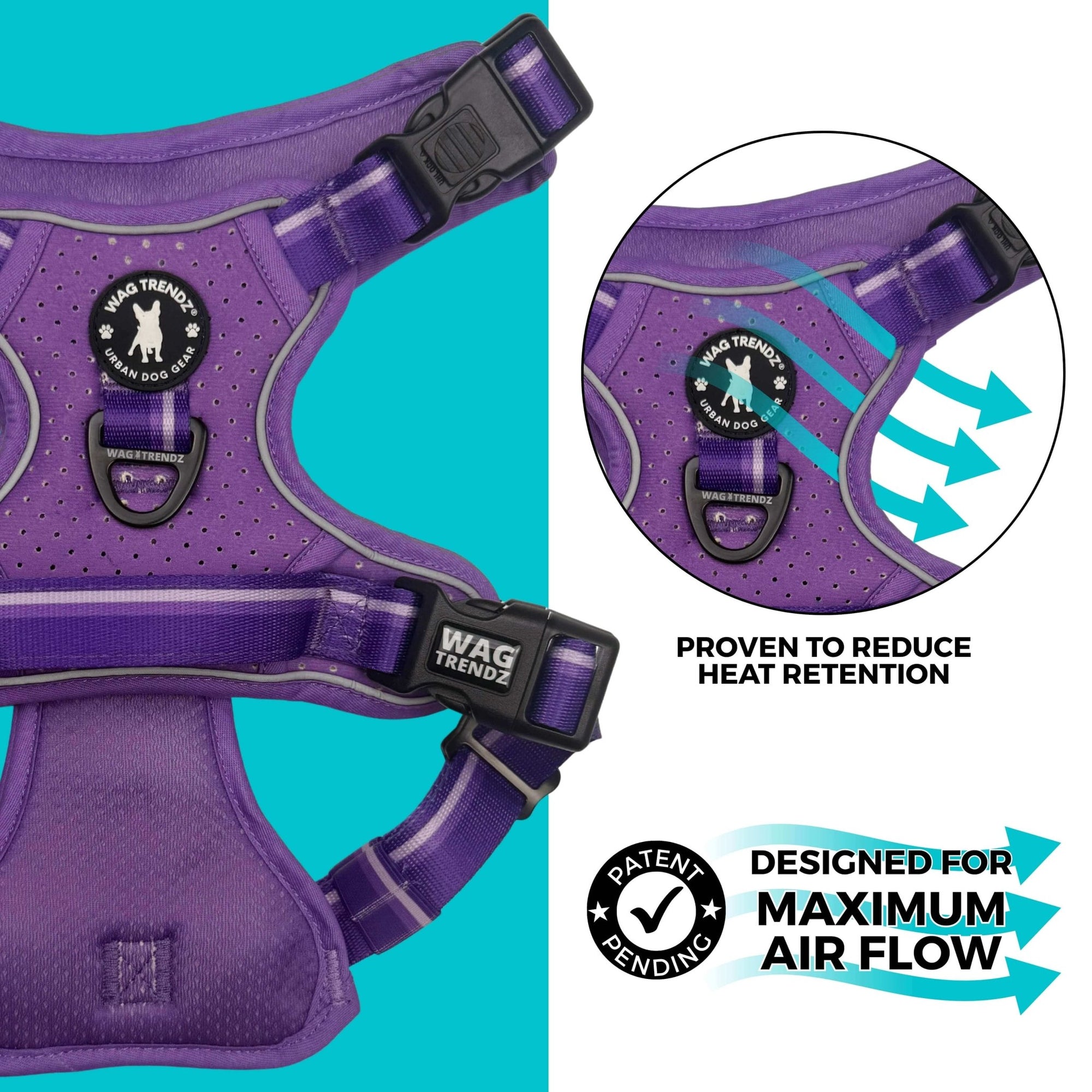 NeoCool™ Sport Dog Harness with Handle in Purple with medium and light purple accents with text highlighting cooling features on a teal and white background