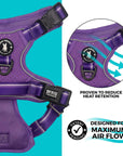 NeoCool™ Sport Dog Harness with Handle in Purple with medium and light purple accents with text highlighting cooling features on a teal and white background
