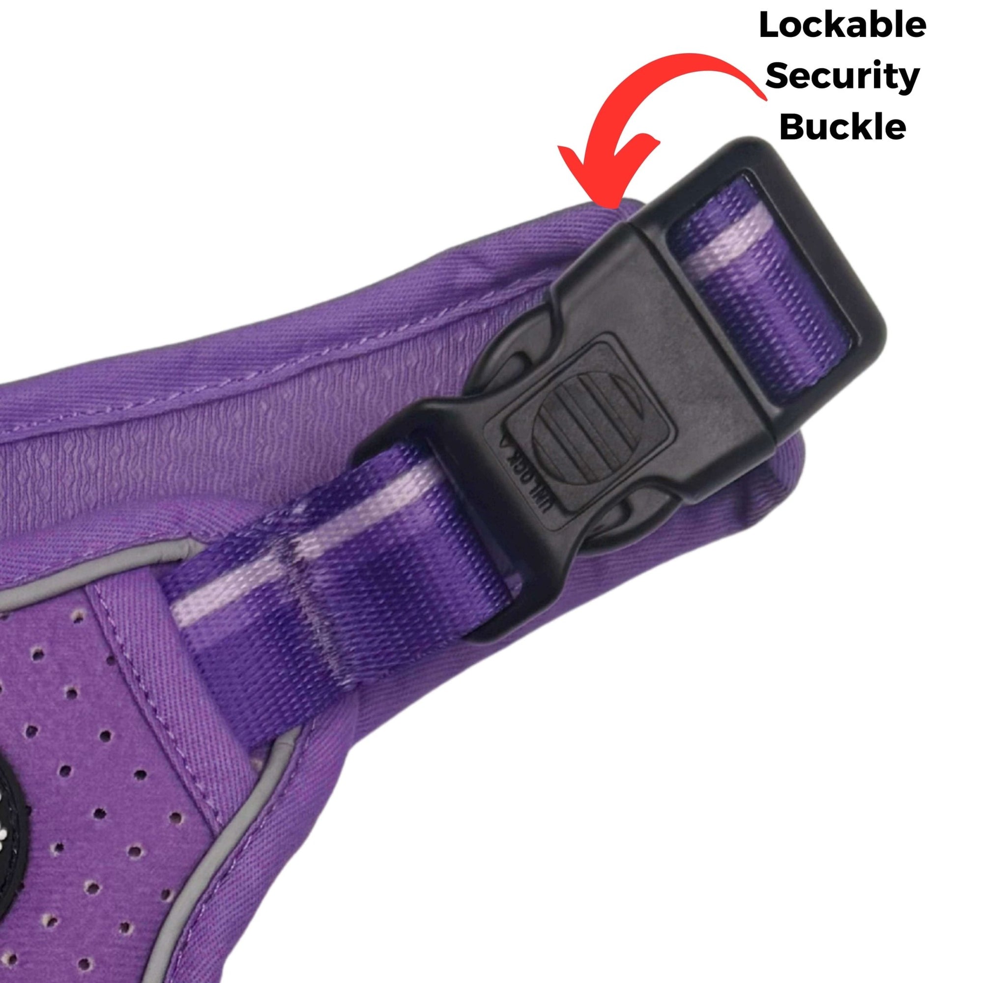 NeoCool™ Sport Dog Harness with Handle in purple with medium and light purple accents with close up of lockable security buckle on a white background