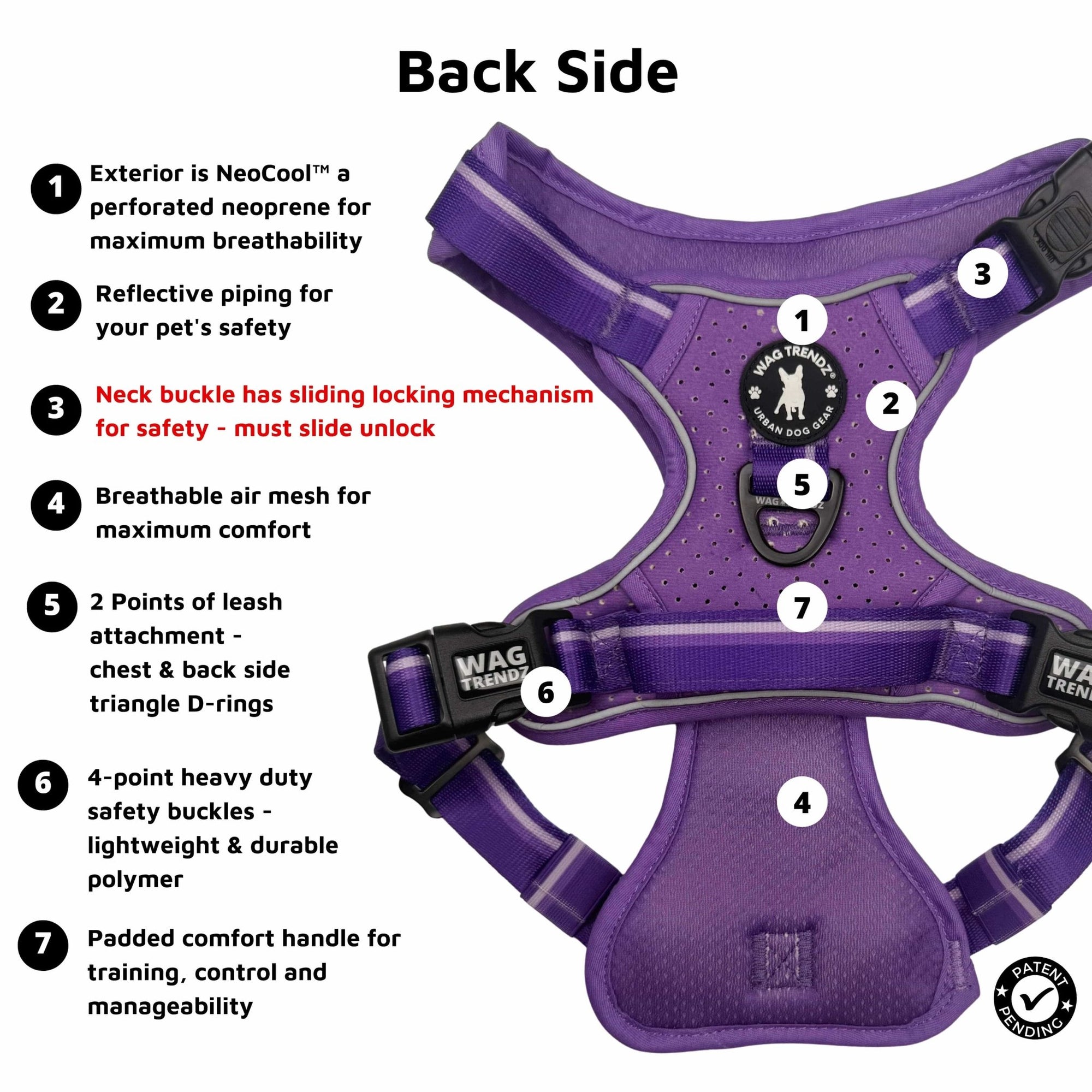 NeoCool™ Sport Dog Harness with Handle in purple with medium and light purple accents with features listed on the back side on white background