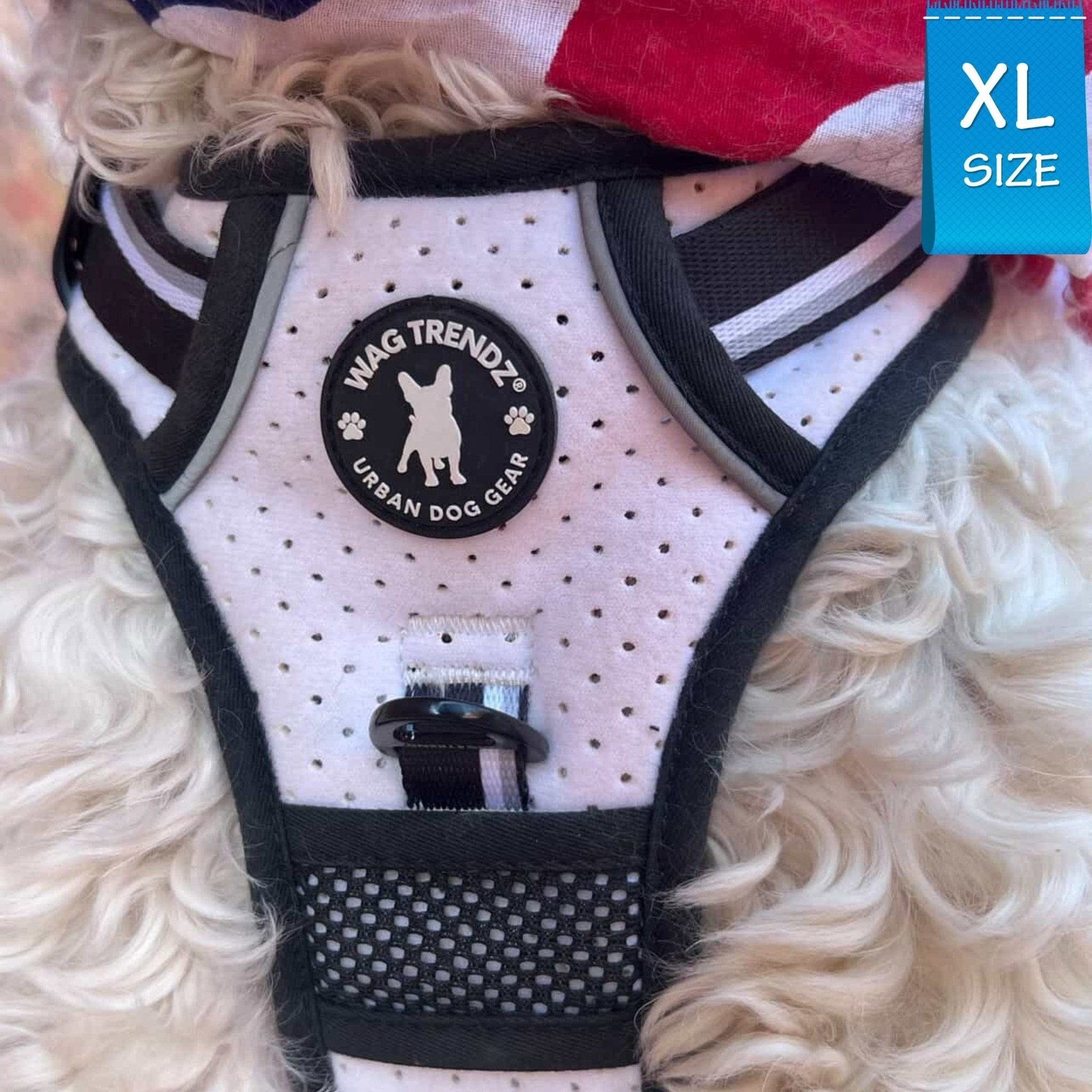 Large dog wearing NeoCool™ Sport Dog Harness With Handle in white and black with &#39;Wag Trendz&#39; logo on a fluffy white dog chest