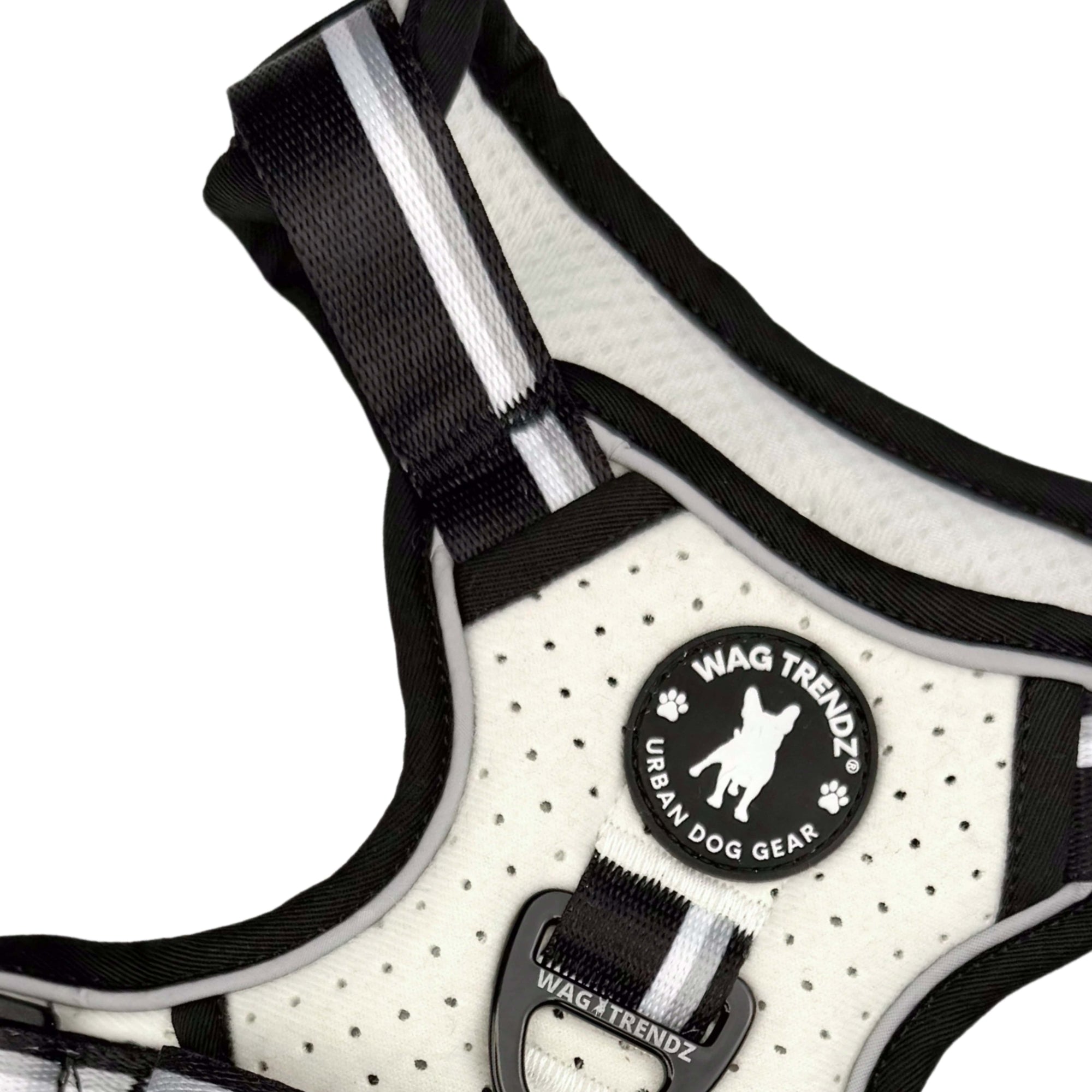 NeoCool™ Sport Dog Harness With Handle in white with black and gray accents with &#39;Wag Trendz&#39; branding on a white background