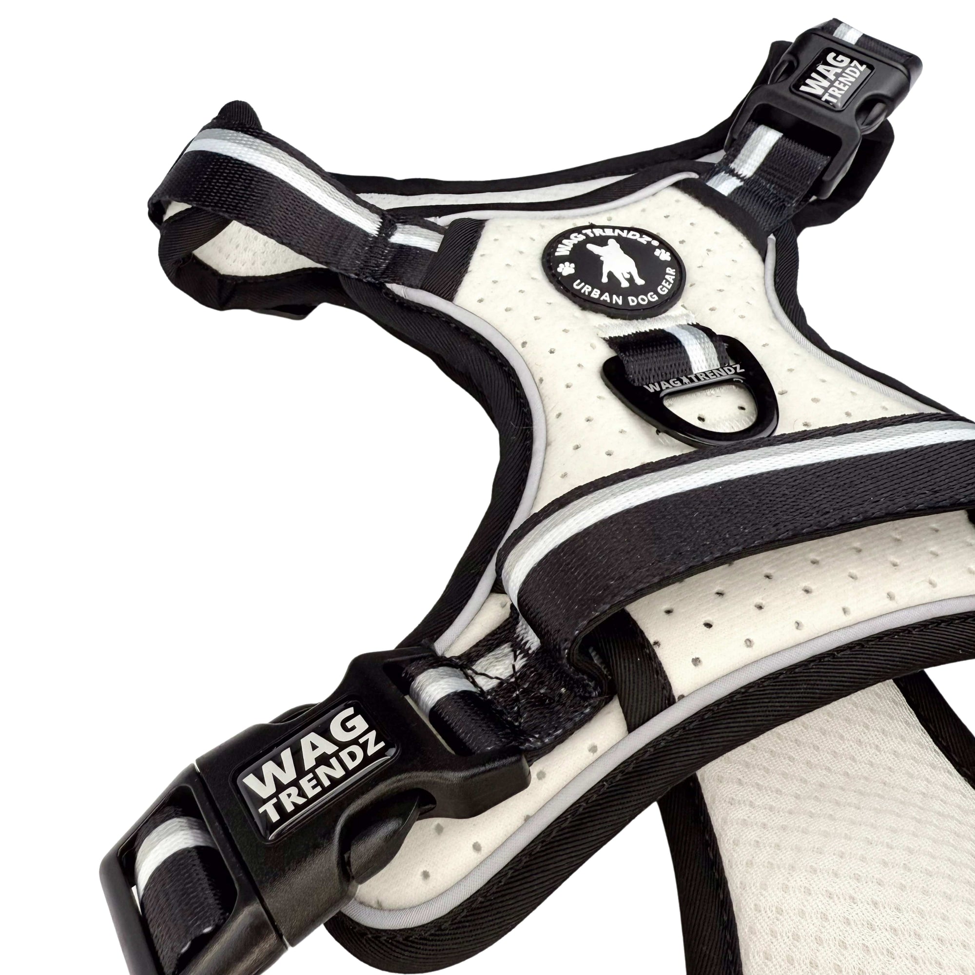 NeoCool™ Sport Dog Harness With Handle in white with black and gray accents with &#39;Wag Trendz&#39; branding on a white background