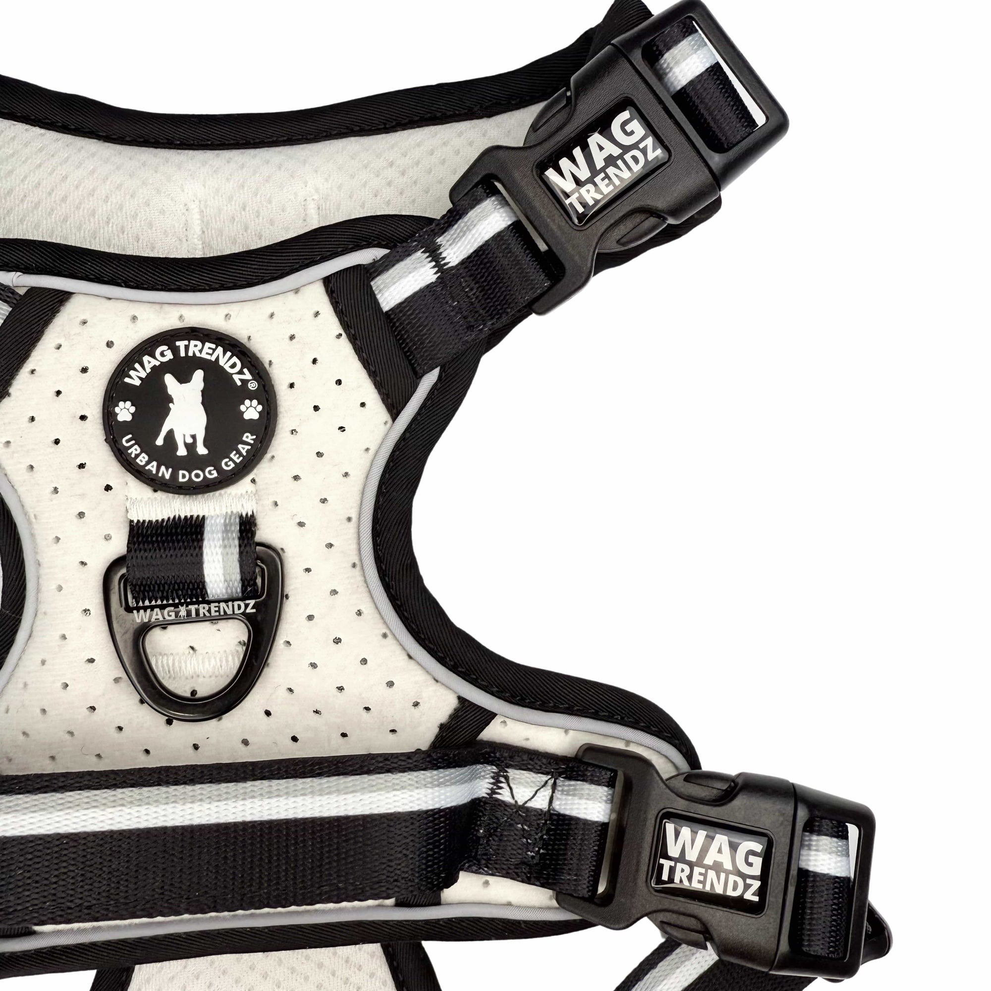 NeoCool™ Sport Dog Harness With Handle in white with black and gray accents with &#39;Wag Trendz&#39; branding on a white background