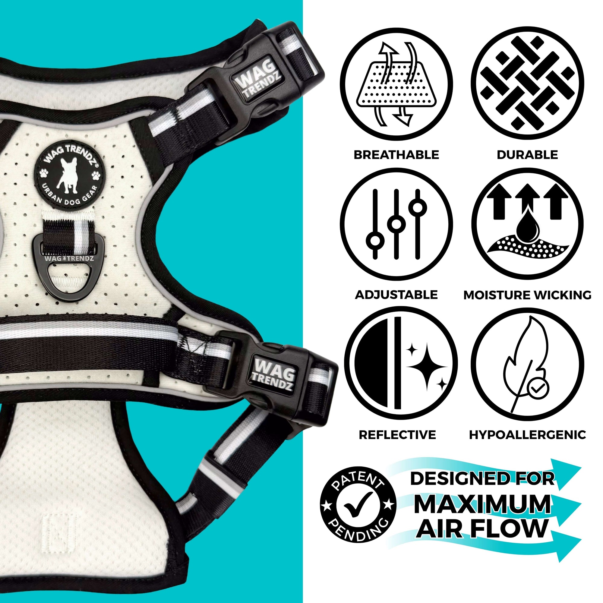 NeoCool™ Sport Dog Harness With Handle in white with black and gray accents with cooling features listed on a blue background