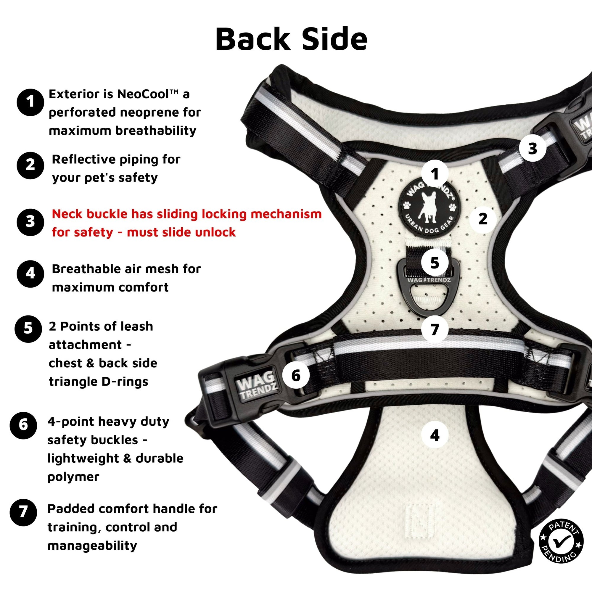 NeoCool™ Sport Dog Harness With Handle in white with black and gray accents with features listed on the back side on white background