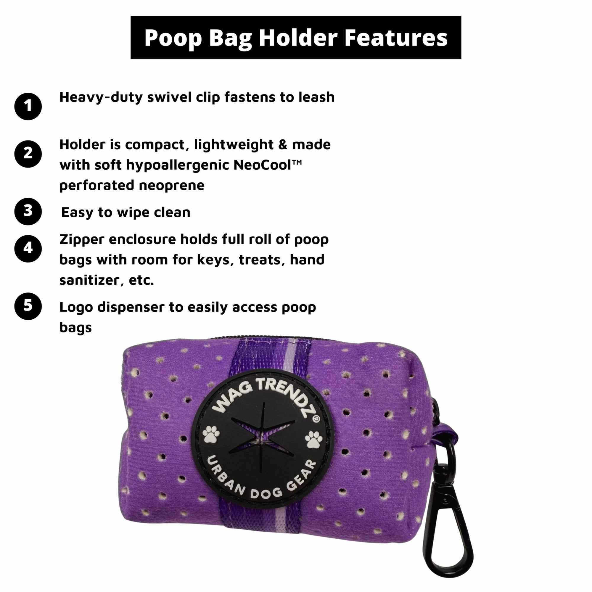 NeoCool™ Sport Poop Bag Holder in Purple with black swivel clip and features with 'Wag Trendz' branding dispenser on a white background.