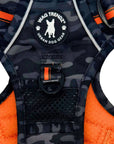 No Pull Dog harness in black & gray camo with orange accents and Wag Trendz logo on a white background