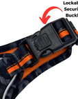 No Pull Dog harness in camo with orange accents with lockable security buckle on a white background