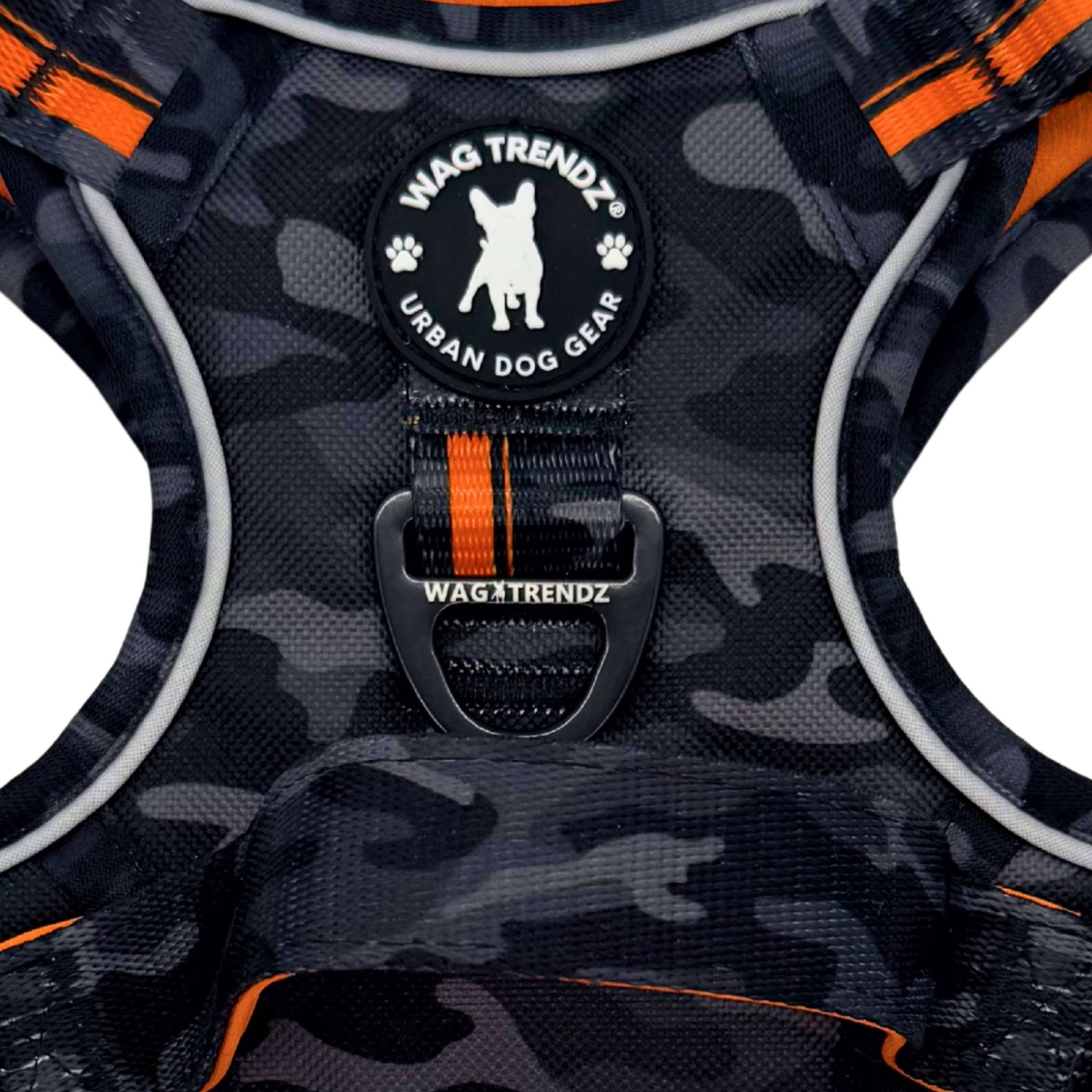 No Pull Dog harness with Wag Trendz logo on a black & gray camouflage pattern with orange accents.