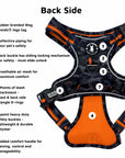 No Pull Dog harness in black and gray camo and orange accents with features labeled on a white background