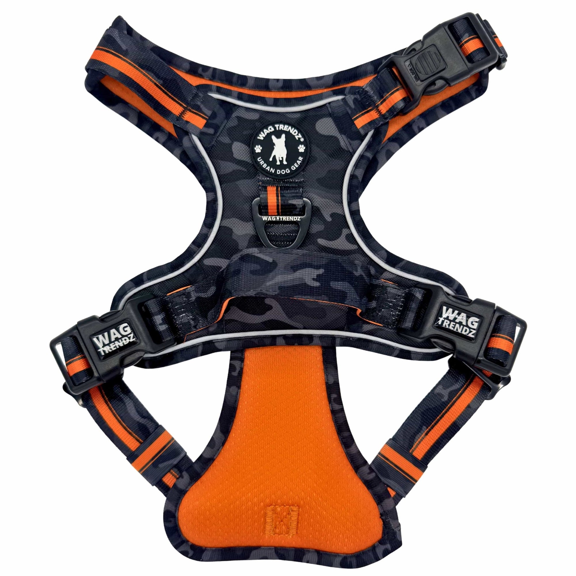 No Pull Dog harness with camouflage pattern and orange accents on a white background