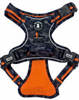 No Pull Dog harness with camouflage pattern and orange accents on a white background