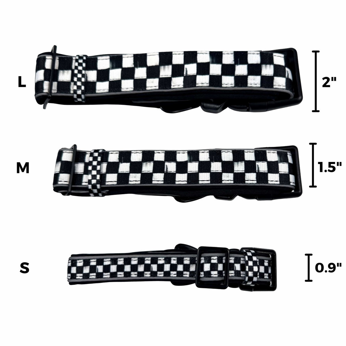 Reflective dog collars in black and white checkered pattern - small, medium, and large widths