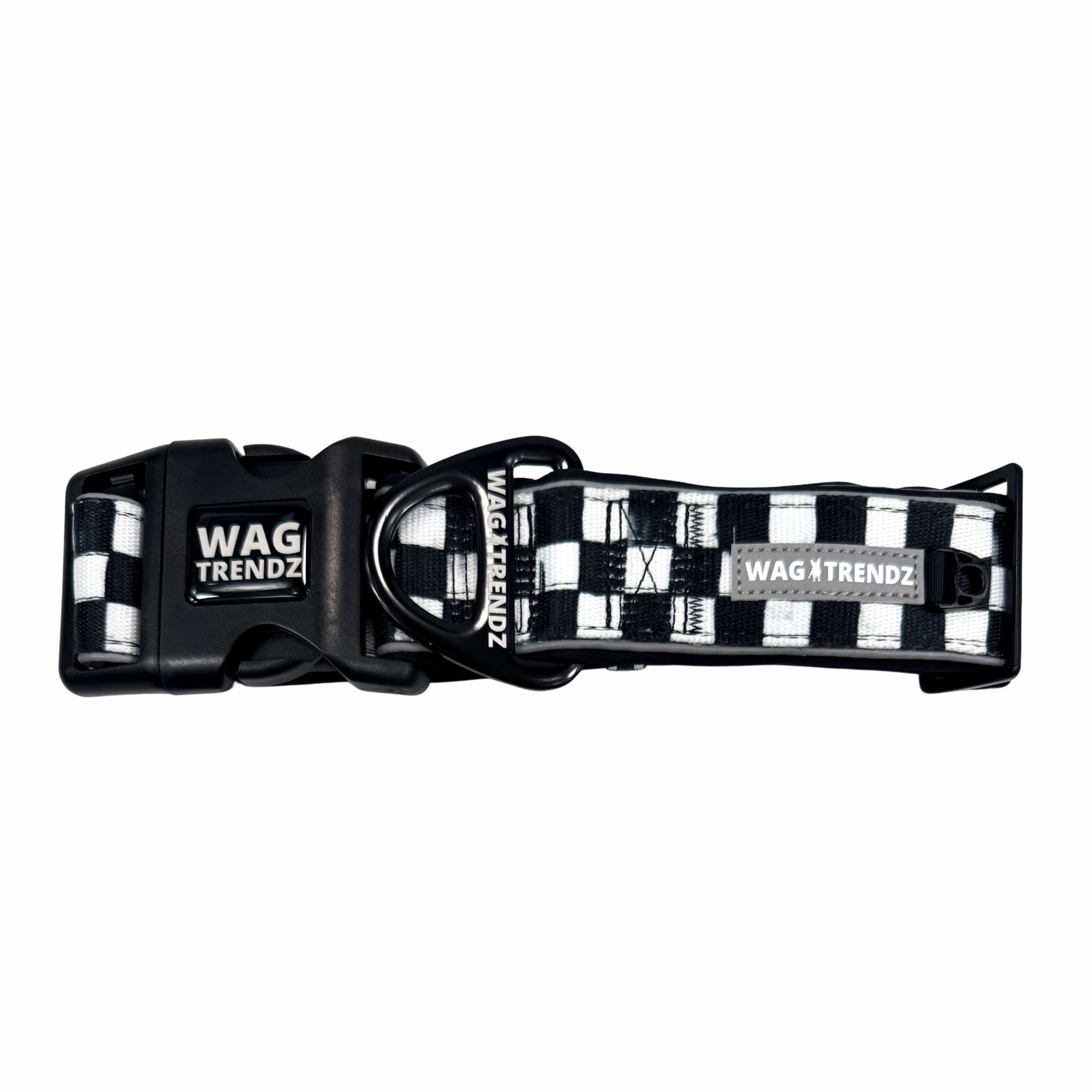 Reflective dog collar with black and white checkered design, buckle, and D-ring