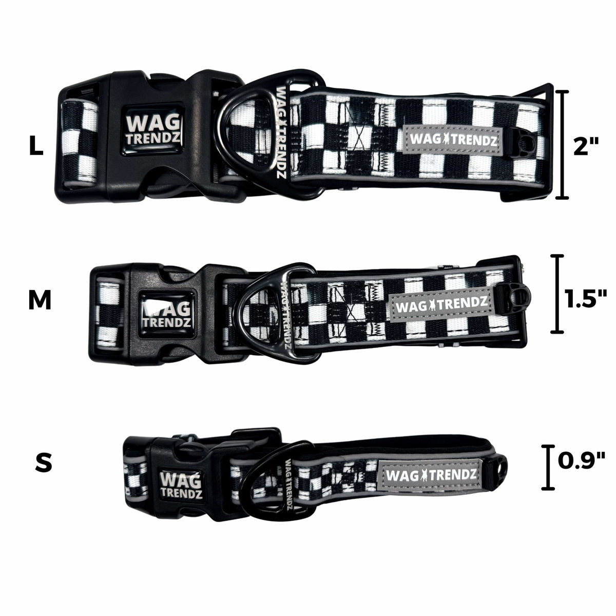 Reflective dog collars in three sizes and widths (small, medium and large)