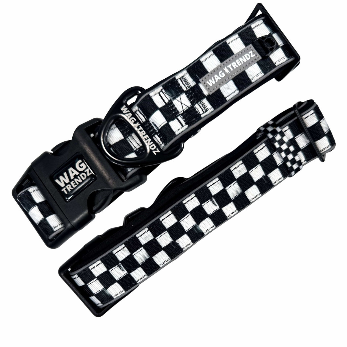Reflective dog collar with black and white checkered design
