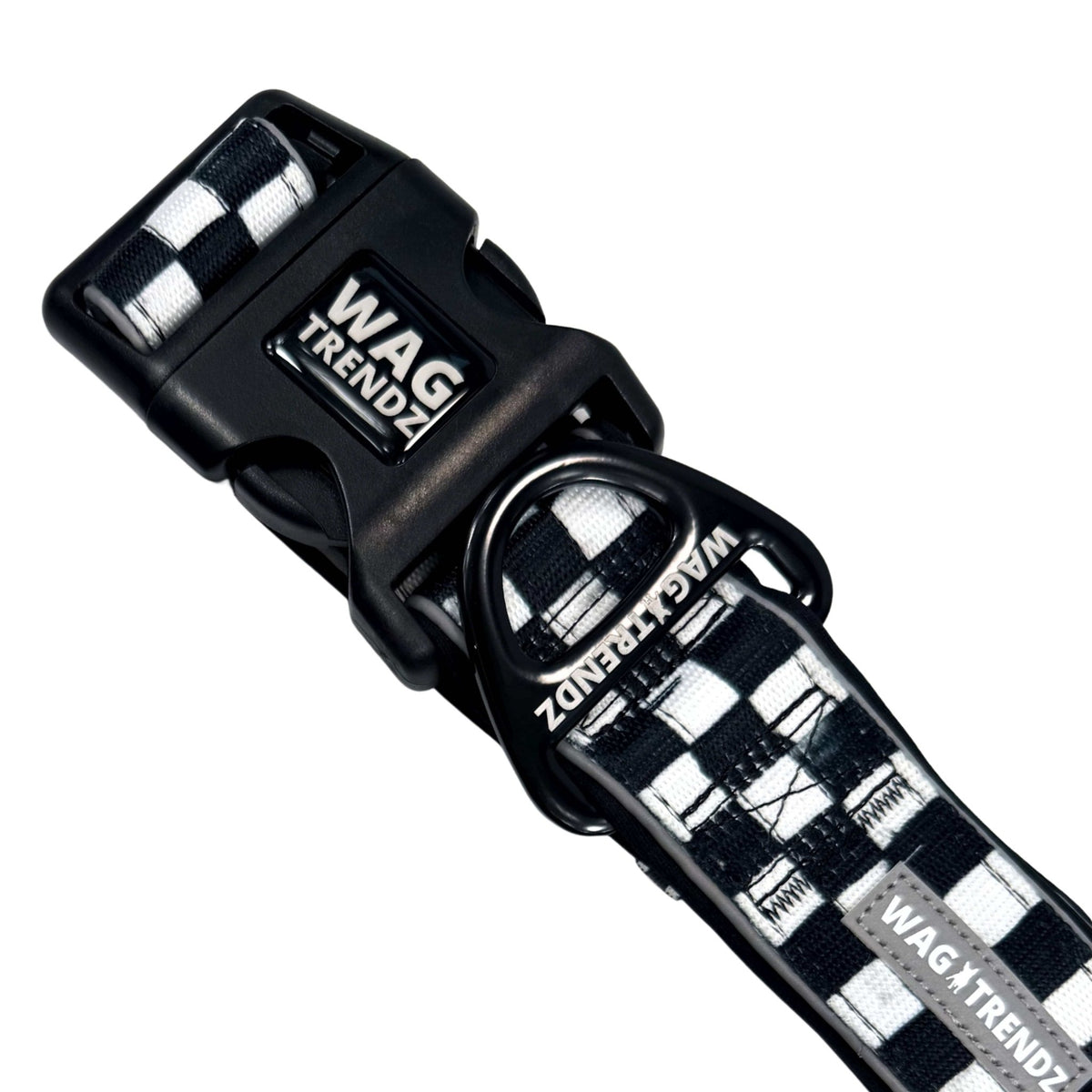 Reflective dog collar with branded buckle and checkered strap