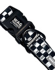 Reflective dog collar with branded buckle and checkered strap