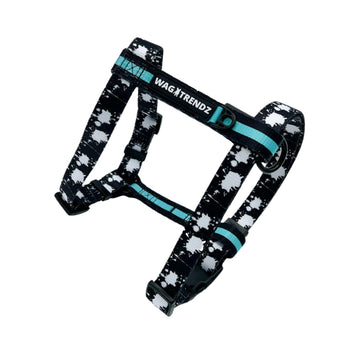 H Dog Harness - Roman Dog Harness - large black with white paint splatter and teal accents - against solid white background - Wag Trendz