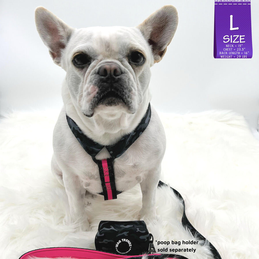 H Dog Harness - Roman Dog Harness - French Bulldog sitting and wearing large black and gray camo harness with bold hot pink accents with matching dog leash and poo bag holder attached - against solid white background - Wag Trendz