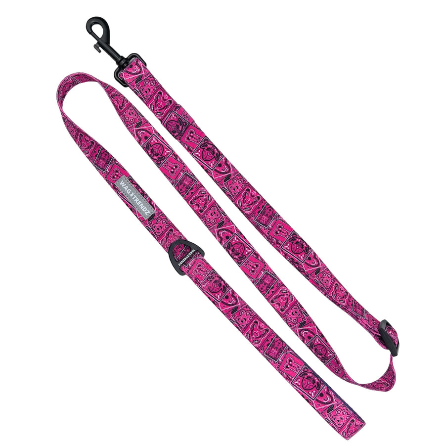 Adjustable Dog Leash - Large - Bandana Boujee with Denim Accents in Hot Pink - against a solid white background - Wag Trendz