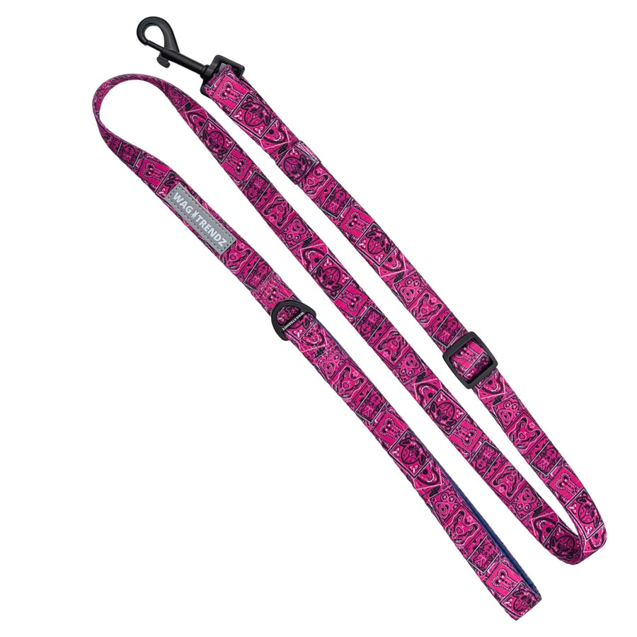 Adjustable Dog Leash - Medium - Bandana Boujee with Denim Accents in Hot Pink - against a solid white background - Wag Trendz