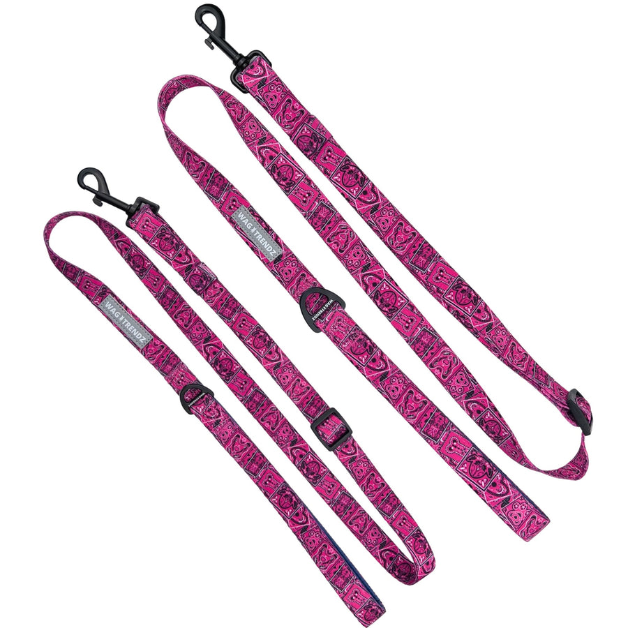 Adjustable Dog Leash - Bandana Boujee with Denim Accents in Hot Pink - against a solid white background - Wag Trendz