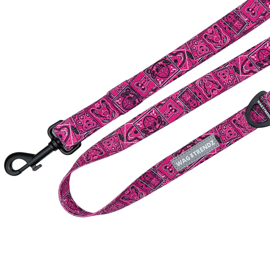 Adjustable Dog Leash - Bandana Boujee with Denim Accents in Hot Pink - against a solid white background - close up - Wag Trendz