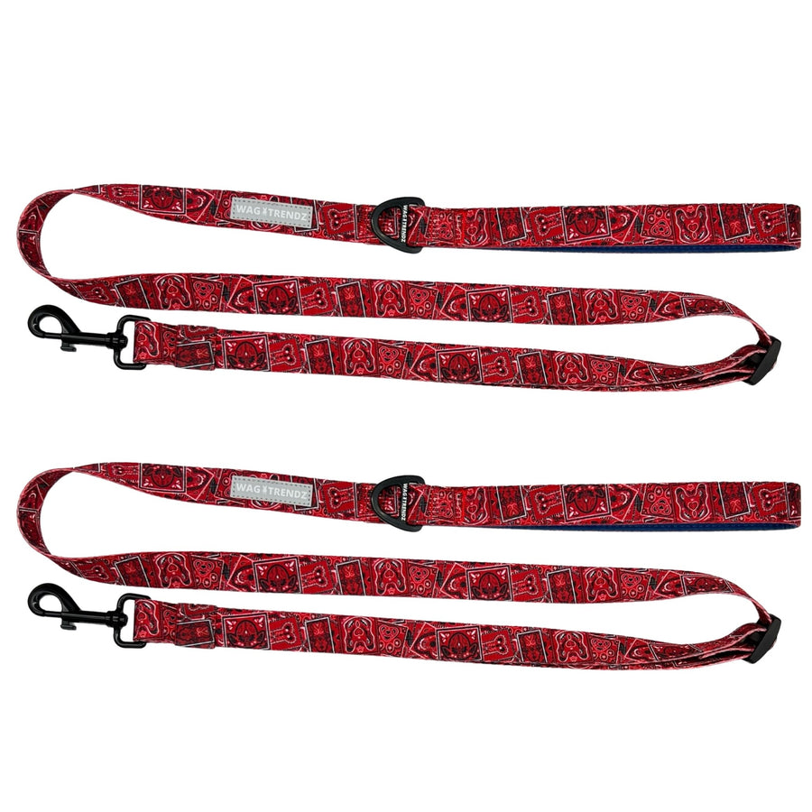 Adjustable Dog Leash - Bandana Boujee with Denim Accents in Red - against a solid white background - Wag Trendz