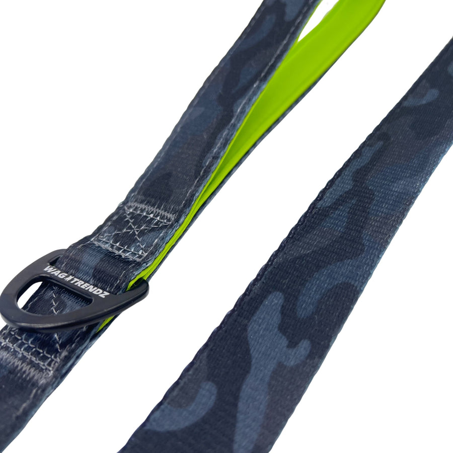 Adjustable Dog Leash - close up of black and gray Camo with hi-vis accents - against a solid white background - Wag Trendz