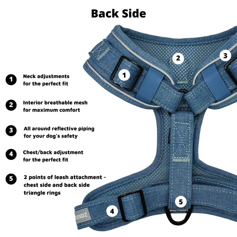 Denim Dog Harness - Reflective and No Pull - Downtown Denim Dog Harness with Reflective Accents -with product feature captions of the back side of harness - against solid white background - Wag Trendz