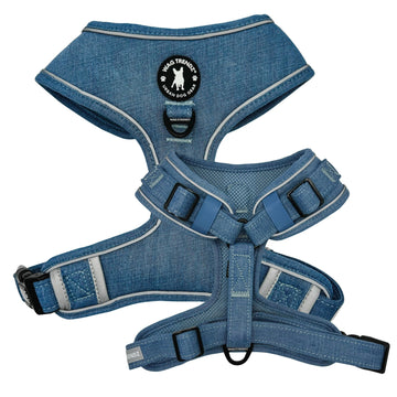 Denim Dog Harness - Reflective and No Pull - Downtown Denim Dog Harness with Reflective Accents - against solid white background - Wag Trendz
