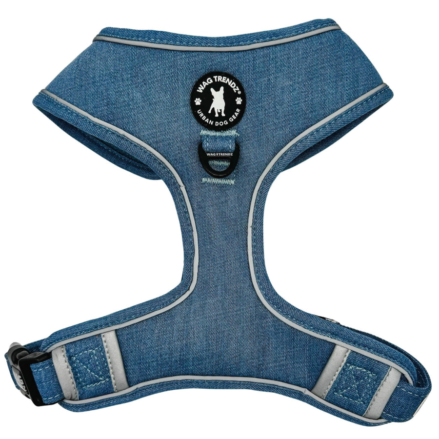Denim Dog Harness - Reflective and No Pull - Downtown Denim Dog Harness with Reflective Accents - Chest Side - against solid white background - Wag Trendz