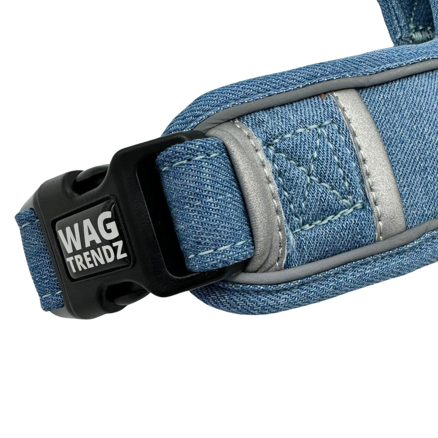 Denim Dog Harness - Reflective and No Pull - Downtown Denim Dog Harness with Reflective Accents - close-up of buckle and reflective accents - against solid white background - Wag Trendz