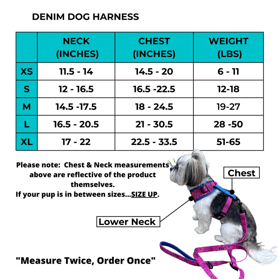 Denim Dog Harness - Reflective and No Pull - Size Chart - Wag Trendz