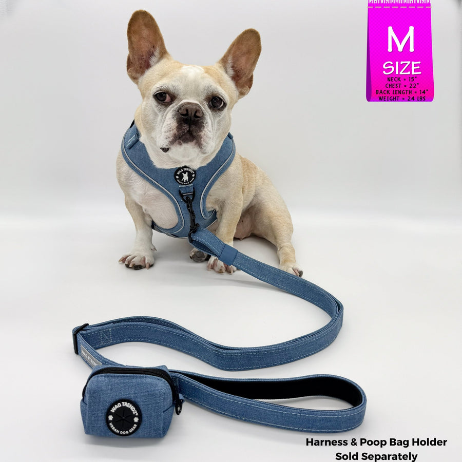 Denim Dog Leash - French Bulldog wearing a dog harness with an Adjustable Downtown Denim Dog Leash and poop bag attached - against solid white background - Wag Trendz
