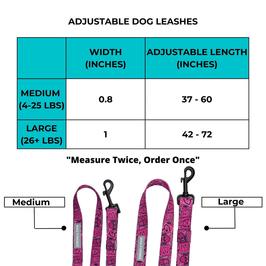 Denim Dog Leash - Adjustable - Size Chart - Wag Trendz