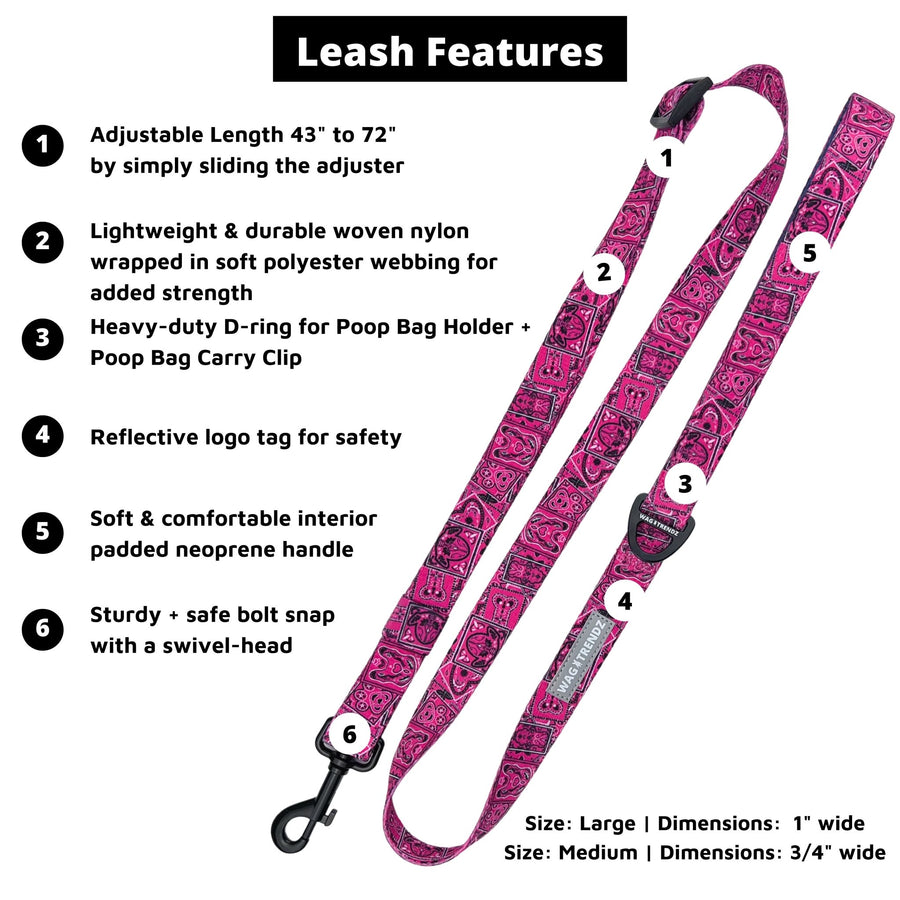 Dog Collar and Leash Set - Bandana Boujee Hot Pink Adjustable Dog Leash - with product feature captions - against solid white background - Wag Trendz