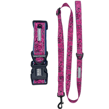 Dog Collar and Leash Set - Bandana Boujee Hot Pink Reflective Dog Collar and matching Adjustable Dog Leash - against solid white background - Wag Trendz