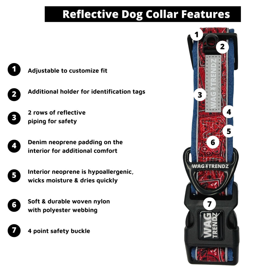 Dog Collar and Leash Set - Bandana Boujee Red Reflective Dog Collar - with product feature captions - against solid white background - Wag Trendz