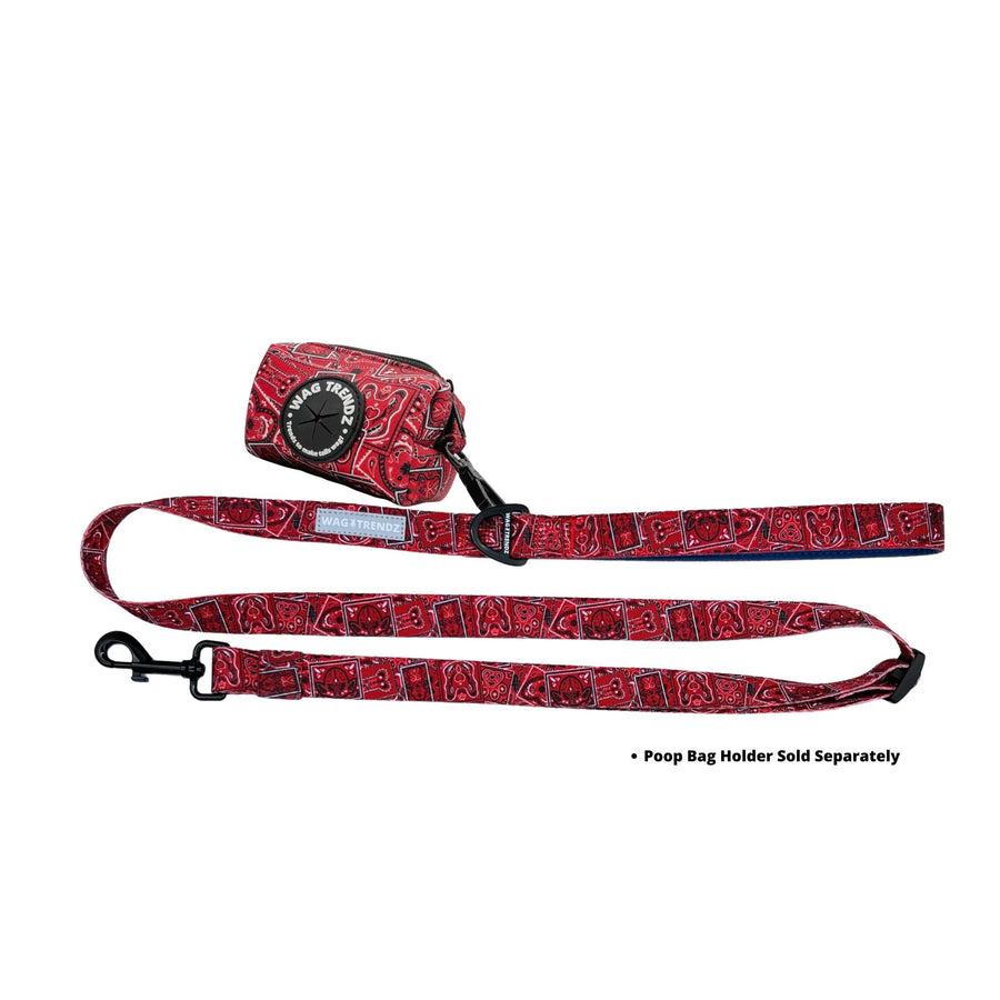 Dog Collar and Leash Set - Bandana Boujee Red Adjustable Dog Leash with matching poo bag attached - against solid white background - Wag Trendz