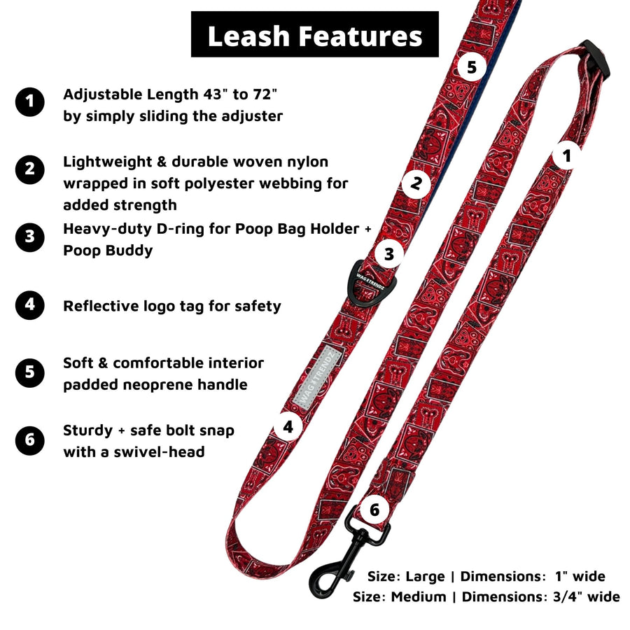 Dog Collar and Leash Set - Bandana Boujee Red Adjustable Dog Leash - with product feature captions - against solid white background - Wag Trendz