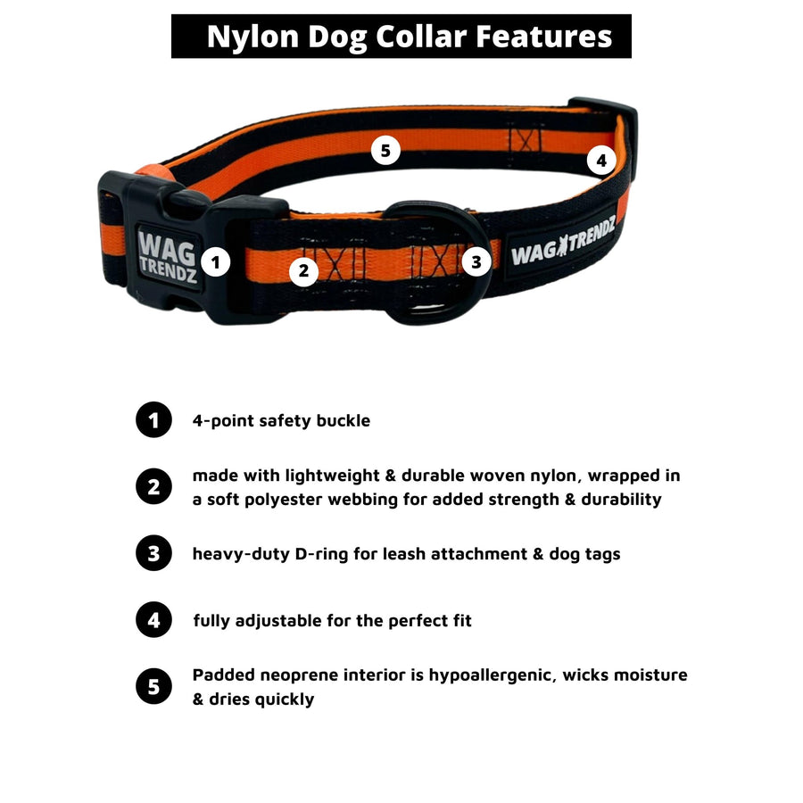 Dog Collar and Leash Set - black dog collar with a bold orange stripe - with product feature captions - against solid white background - Wag Trendz