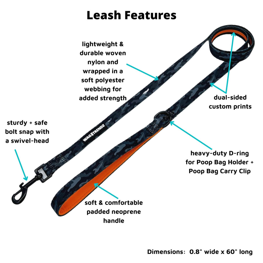 Dog Collar and Leash Set - black and gray camo dog leash with a bold orange stripe - with product feature captions - against solid white background - Wag Trendz