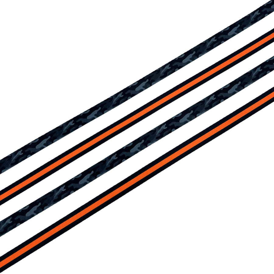 Dog Collar and Leash Set - Four black and gray camo dog leashes with a bold orange stripe - against solid white background - Wag Trendz