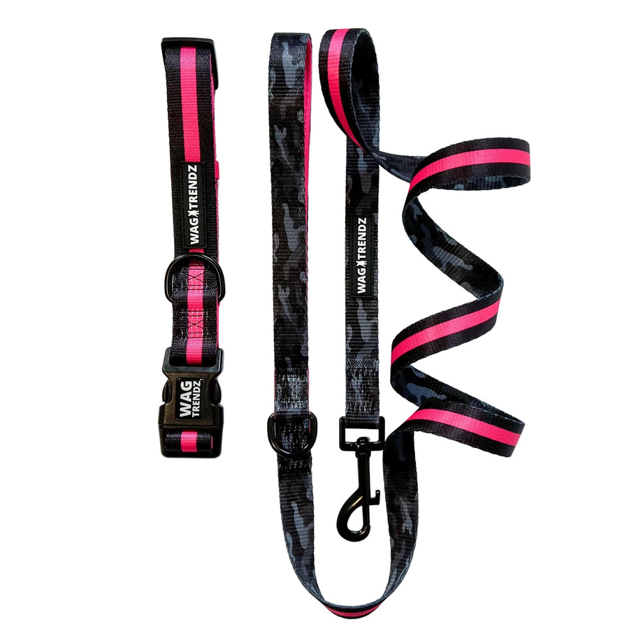 Dog Collar and Leash Set - Dog Collar and Leash in black and gray camo with bold hot pink stripe - against solid white background - Wag Trendz