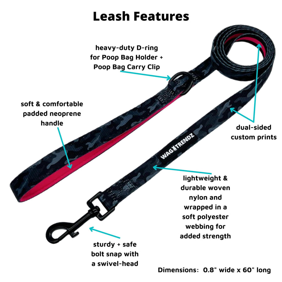 Dog Collar and Leash Set - Dog Leash in black and gray camo with bold hot pink stripe - with product feature captions - against solid white background - Wag Trendz