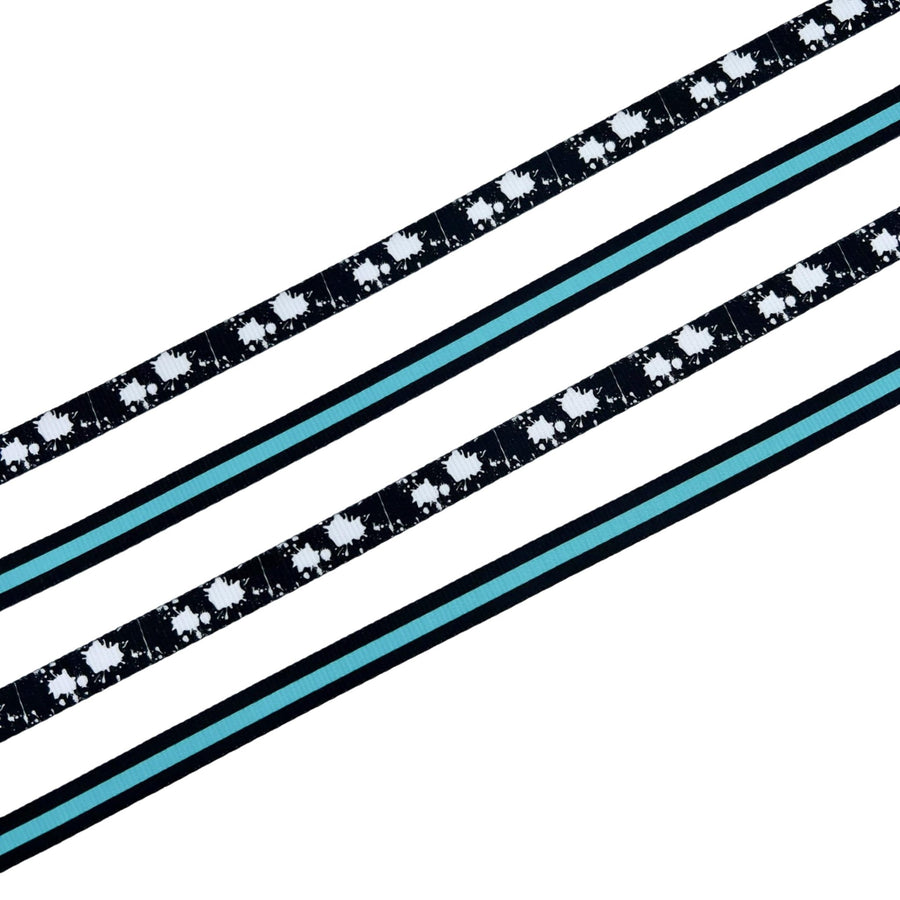 Dog Collar and Leash Set - Dog Leashes in black with white paint splatter and bold teal stripe - against solid white background - Wag Trendz