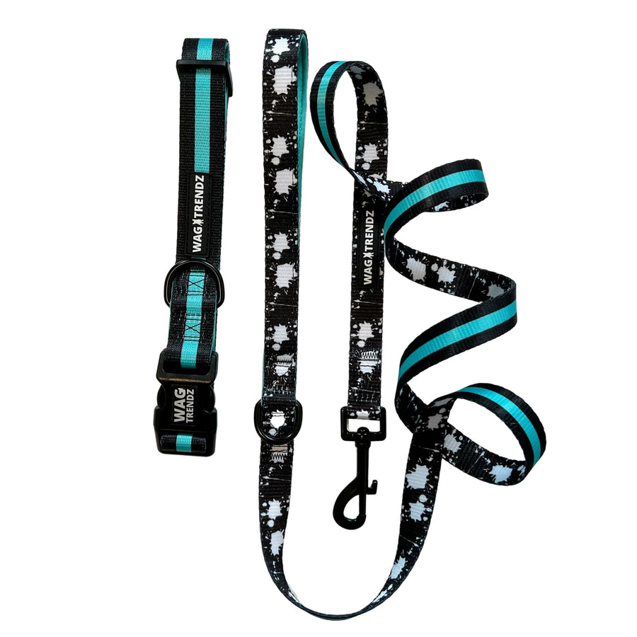Dog Collar and Leash Set - Dog Collar and Leash in black with white paint splatter and bold teal stripe - against solid white background - Wag Trendz